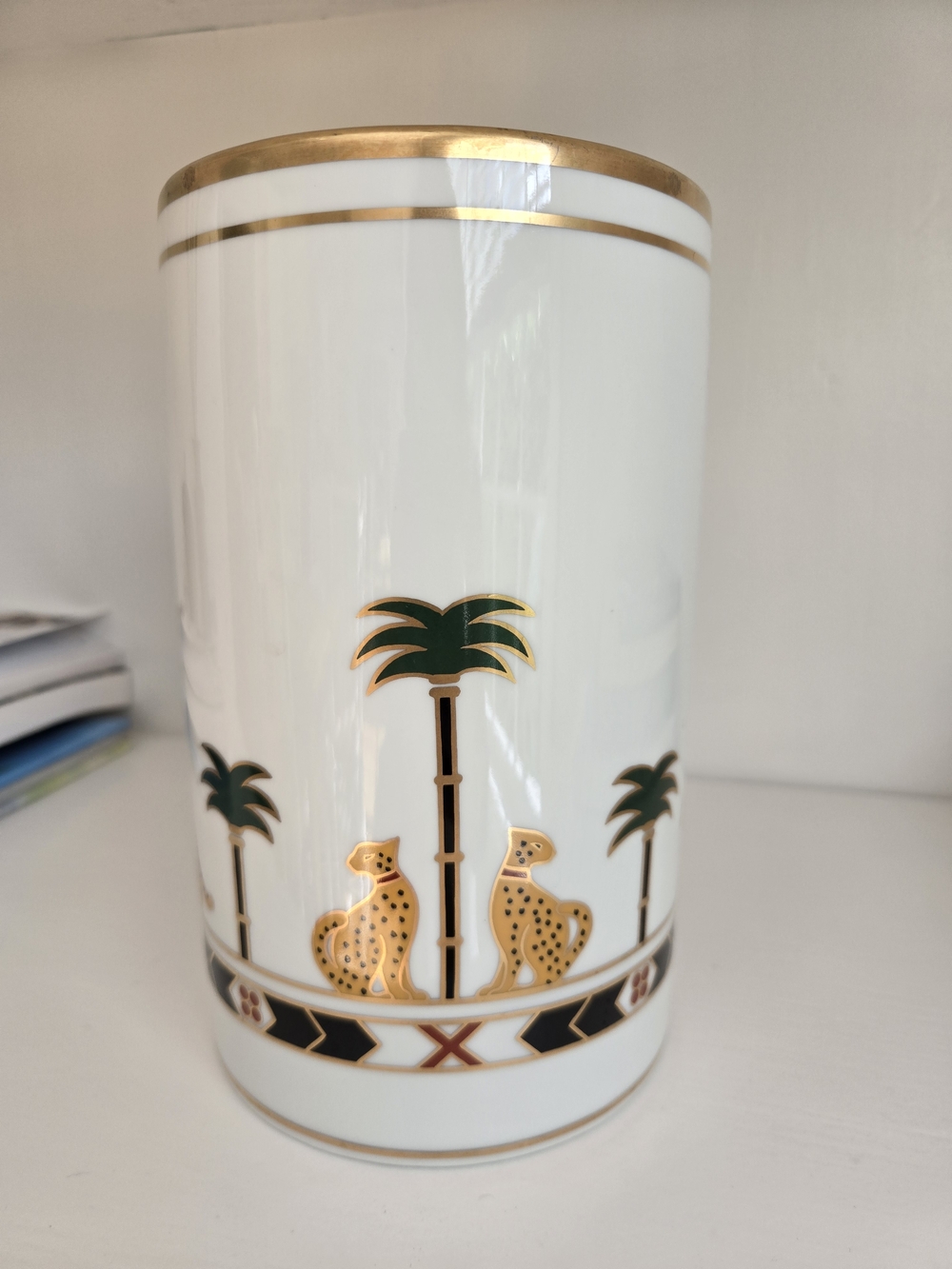 White Porcelain Decorative Vase with Gold Trim and Palm/Leopard Motif